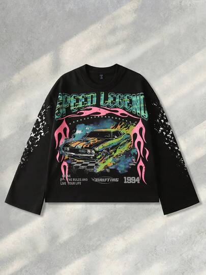 Street Life Herren Langarm T-Shirt mit Aufdruck, locker geschnittener Crop-Fit