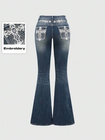 Grunge Punk Jeans in Große Größen im Y2K Retro-Stil mit freigelegtem Bauch, Kreuz-Stickerei und Taschen, tailliert und ausgestellt