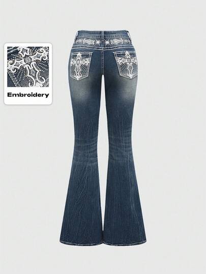 Grunge Punk Plus Size Y2K Retro Midriff Baring Cross Embroidery Pocket Fitted Flare Jeans