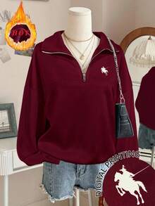 Rina Fox 女士宽松半拉链开衩设计卫衣 - 酒紅色 - 查看 1