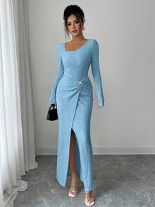 Elenzga Women's Solid Color Fashion Solid Color Twisted Long Dress ,Irregular-Neck Knitted Texture Tight Bodycon, Twisted And Slit Design Dress,Classy Outfits For Women,Fall Women Clothes,Winter Modest Clothes For Women - Blue - View 3