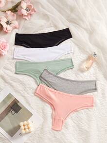 5pcs/Pack Women's Solid Color Casual Comfortable Minimalist Thong Panties - Multicolor - View 1