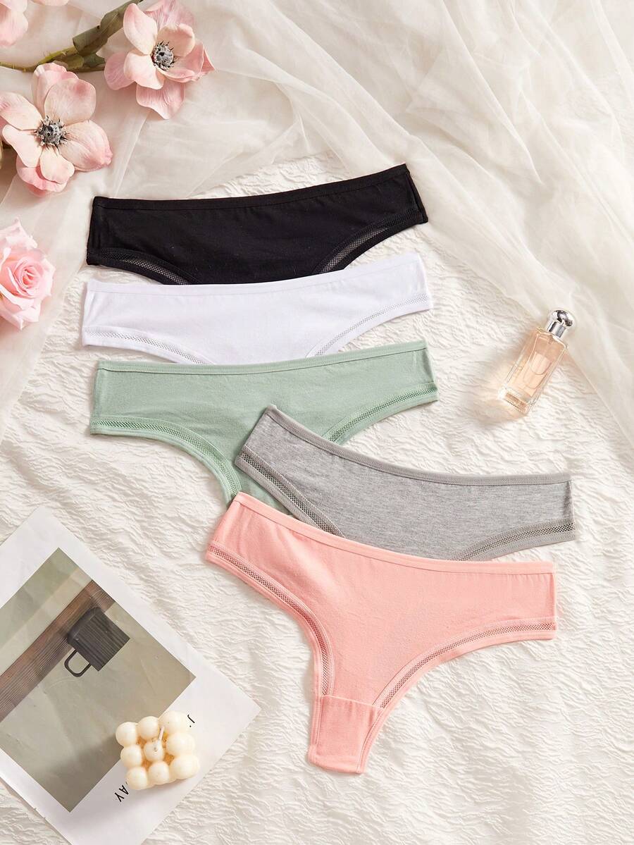 5pcs/Pack Women's Solid Color Casual Comfortable Minimalist Thong Panties - Multicolor - View 1