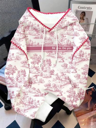 Resyla Sudadera casual con cordón y estampado para mujer, talla estándar