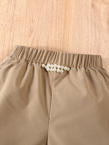 SHEIN Elladie kids 3件套少女粉色西装外套、吊带背心和珍珠短裤套装，休闲优雅夏季装扮 - 卡其色 - 查看 4