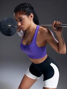 Powerista Reggiseno sportivo aderente e alla moda con scollo a barca e schiena scoperta, di colore unito - Viola - Visualizzare 5