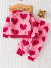 Cozy Pixies 两件套：女童柔软针织圆领长袖套头卫衣和松紧腰裤 - 西瓜粉 - 查看 2