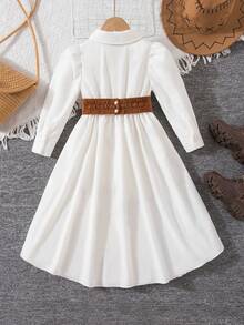 SHEIN Young Girl Casual Everyday Commute Puff Sleeve Asymmetrical Hem Contrast Waist Belt Shirt Dress, Autumn/Spring - Multicolor - View 2