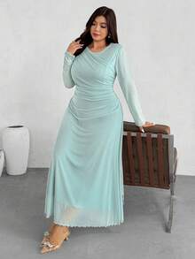 Firerie 大码女士优雅褶皱弹力网纱喇叭长袖连衣裙，舒适休闲，适合度假、约会、派对、下午茶、舞会、秋冬季穿着。 - 綠色 - 查看 1