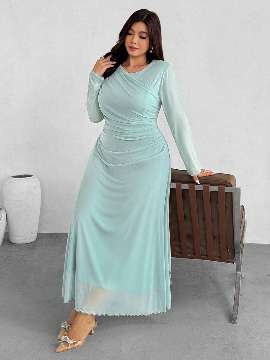 Firerie 大码女士优雅褶皱弹力网纱喇叭长袖连衣裙，舒适休闲，适合度假、约会、派对、下午茶、舞会、秋冬季穿着。 - 綠色 - 查看 1