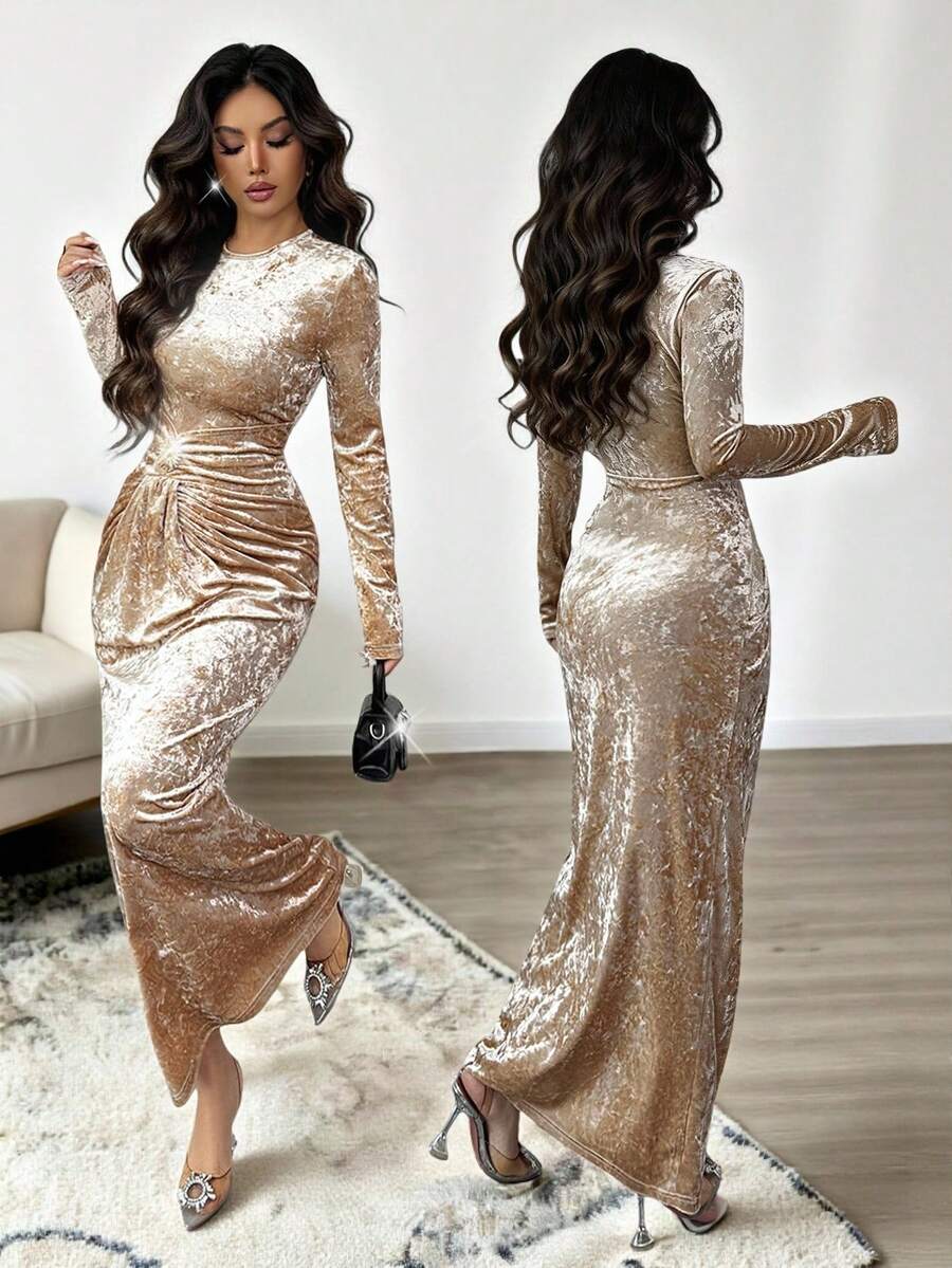 SHEIN Elenzya 女士秋冬优雅丝绒圆领金属装饰长袖褶皱收腰修身连衣裙，适合日常穿着、婚礼、正式场合、通勤、毕业派对、假日、约会、聚会、万圣节、圣诞节、新年、感恩节等场合。 - 杏色 - 查看 1