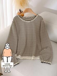 CosyJoli Women's Plus Size Round Neck Tassel Hem Striped T-Shirt, Casual All-Match Versatile Plus Size Tee/Fall/Winter Striped Long Sleeve Knit Tops Stripe Top Striped Sweater - Brown - View 1