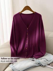 CosyJoli Cárdigan informal de manga larga con botones de unicolor para mujer de talla grande en otoño/invierno - Rojo violeta - Ver 13