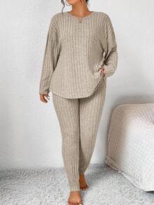 SHEIN Frenchy Plus Size Casual Solid Color Long Sleeve Top And Pants 2 Pieces Set, Autumn - Apricot - View 4