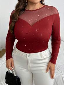 SHEIN Privé Blusa lunga con maniche lunghe, patchwork di paillettes e rete, scintillante, elegante per feste, appuntamenti, concerti, ufficio, vacanze, Capodanno, taglie comode - Bordò - Visualizzare 5