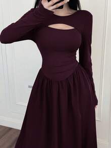 Feyla Elegant Hollow-Out French Style Slimming Dress - Red Violet - View 3