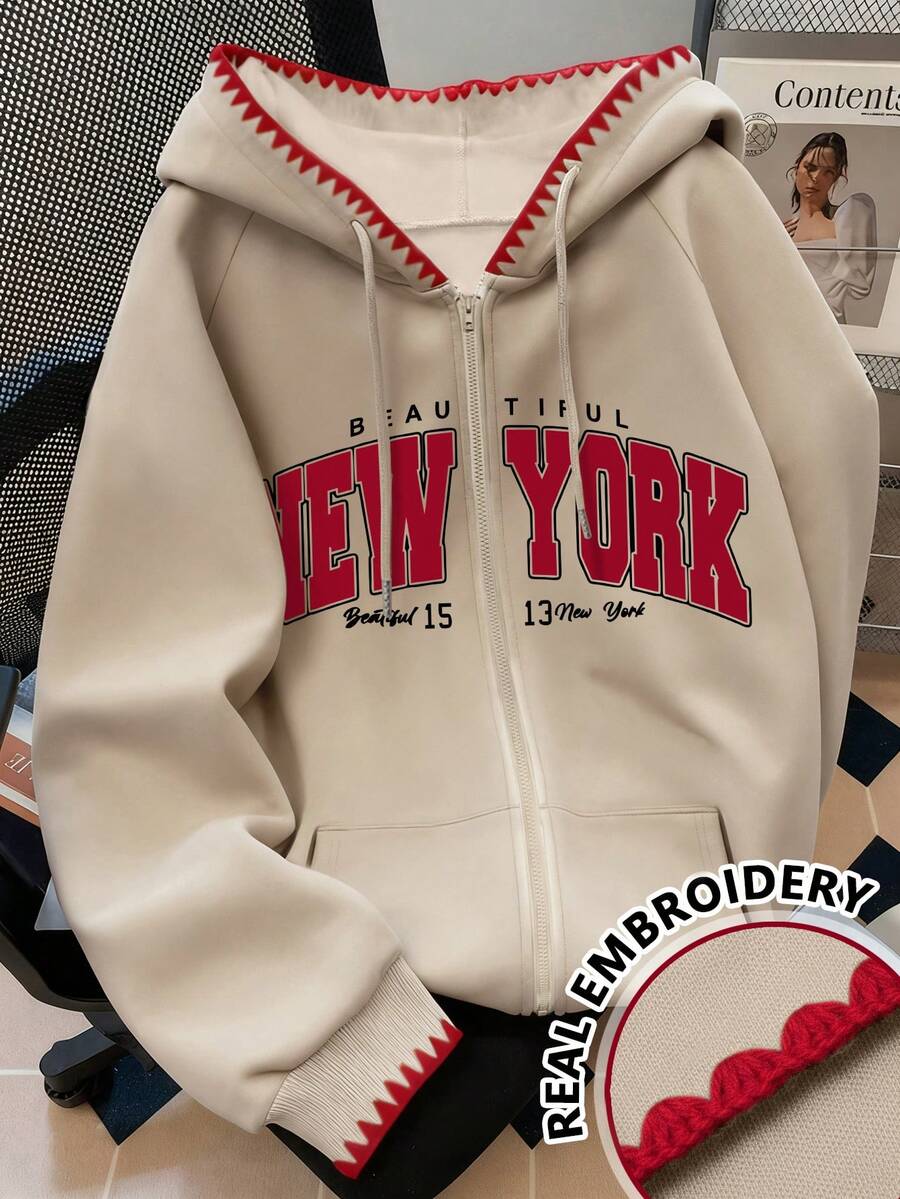 SHEIN Y2K卫衣外套,复古美式纽约高端卫衣卫衣,时尚别致的秋冬上衣,标准尺码女式卫衣外套 - 卡其色 - 查看 1