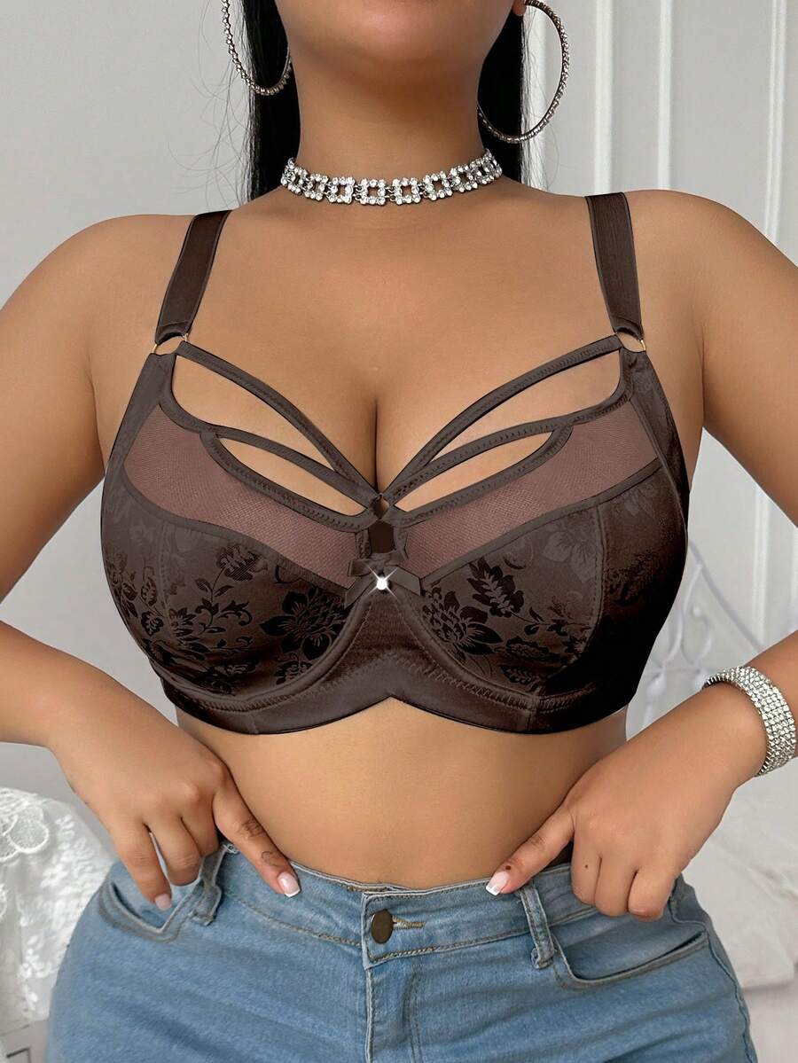 SHEIN Sujetador con aros con parches de malla y decoración de lazo para tallas grandes - Café integral - Ver 1