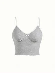 Bonmuse 3pcs/Set Women Solid Color Ruffle Trim Bow Camisole Top & Pants Pajama Setfor Summer - Multicolor - View 4