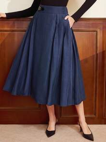 Vintamour 复古优雅女士褶裥口袋纽扣休闲/工作/度假长裙，女士冬季圣诞节新年感恩节裙 - 藍色 - 查看 2