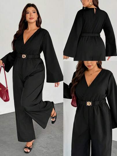 Firerie 大码优雅度假V领金属扣腰带时尚阔腿喇叭长袖女式连体裤