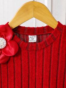 Girls Red A-Line Round Neck Long Sleeve Short Dress With Pearl And Flower Details For Winter Vacation - Red - View 4