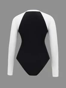 Swim SPRTY 女士夏季圆领长袖拉链连体泳衣，黑白拼接，沙滩度假畅销款连体泳衣，款式多样，包括保守款、长袖款、防晒款、修身款等。 - 黑與白 - 查看 9