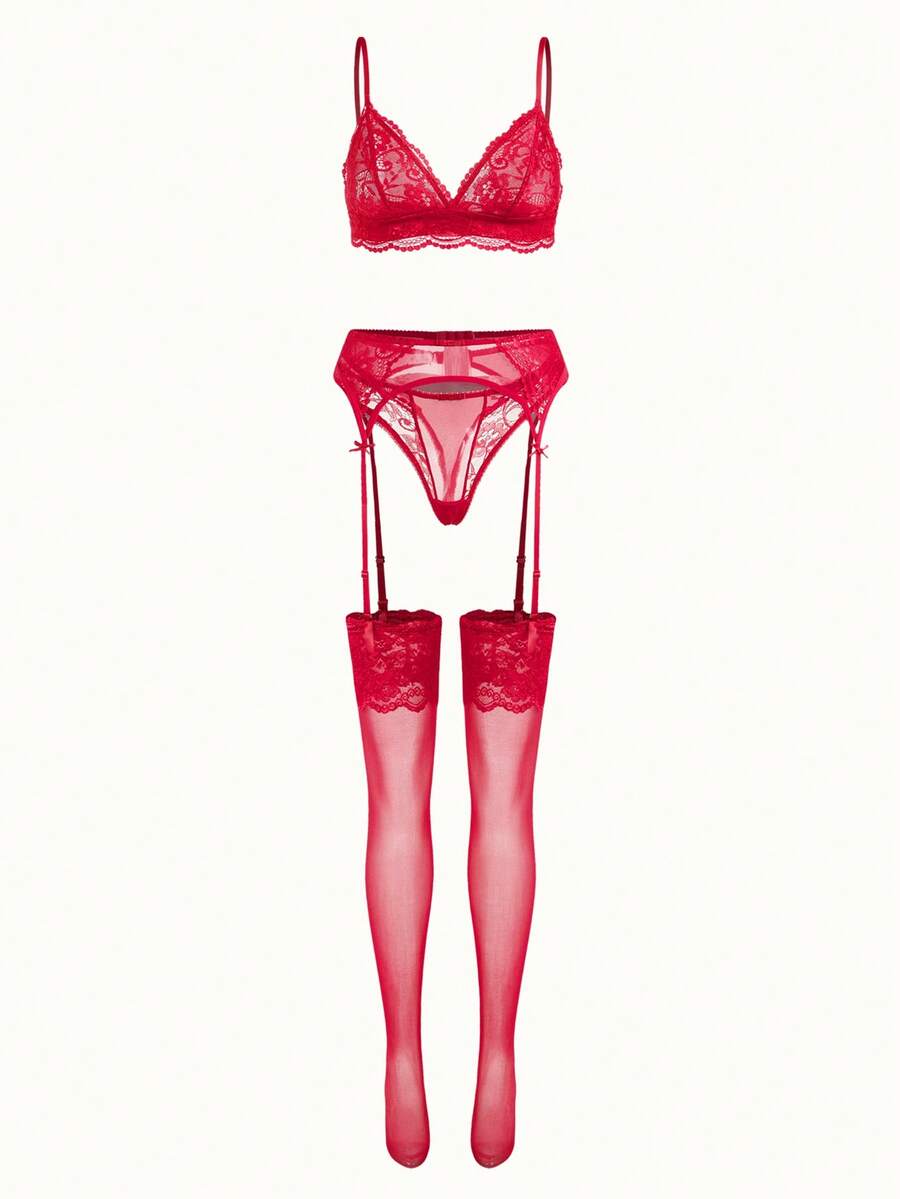 Bonmuse Bộ đồ lót ren hoa gợi cảm dành cho nữ - Đỏ - Xem 1
