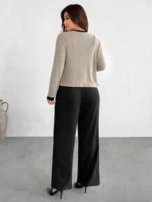 Firerie Plus Size Casual Color Block Trim Long Sleeve Top & Camisole 2 Pieces Set, Autumn - Apricot - View 2