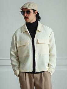 HUEFORM 男士杏色提花纹理面料宽松短款拉链口袋休闲衬衫，冬季款 - 杏色 - 查看 1