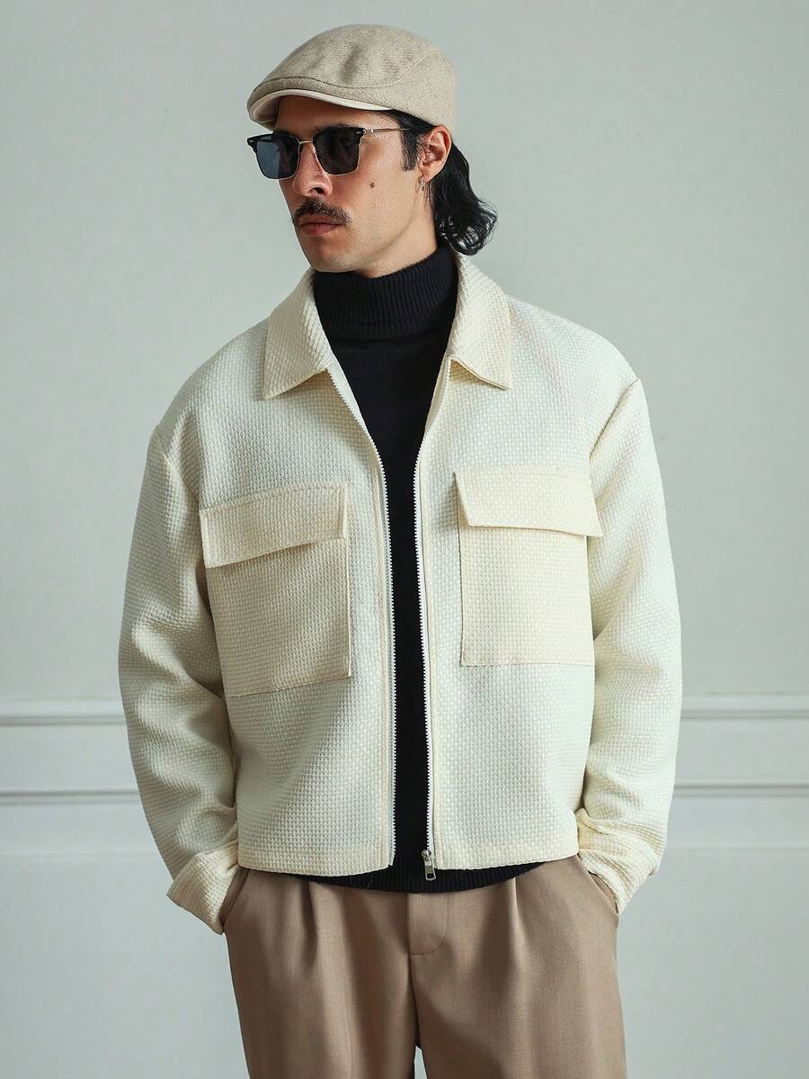 HUEFORM 男士杏色提花纹理面料宽松短款拉链口袋休闲衬衫，冬季款 - 杏色 - 查看 1