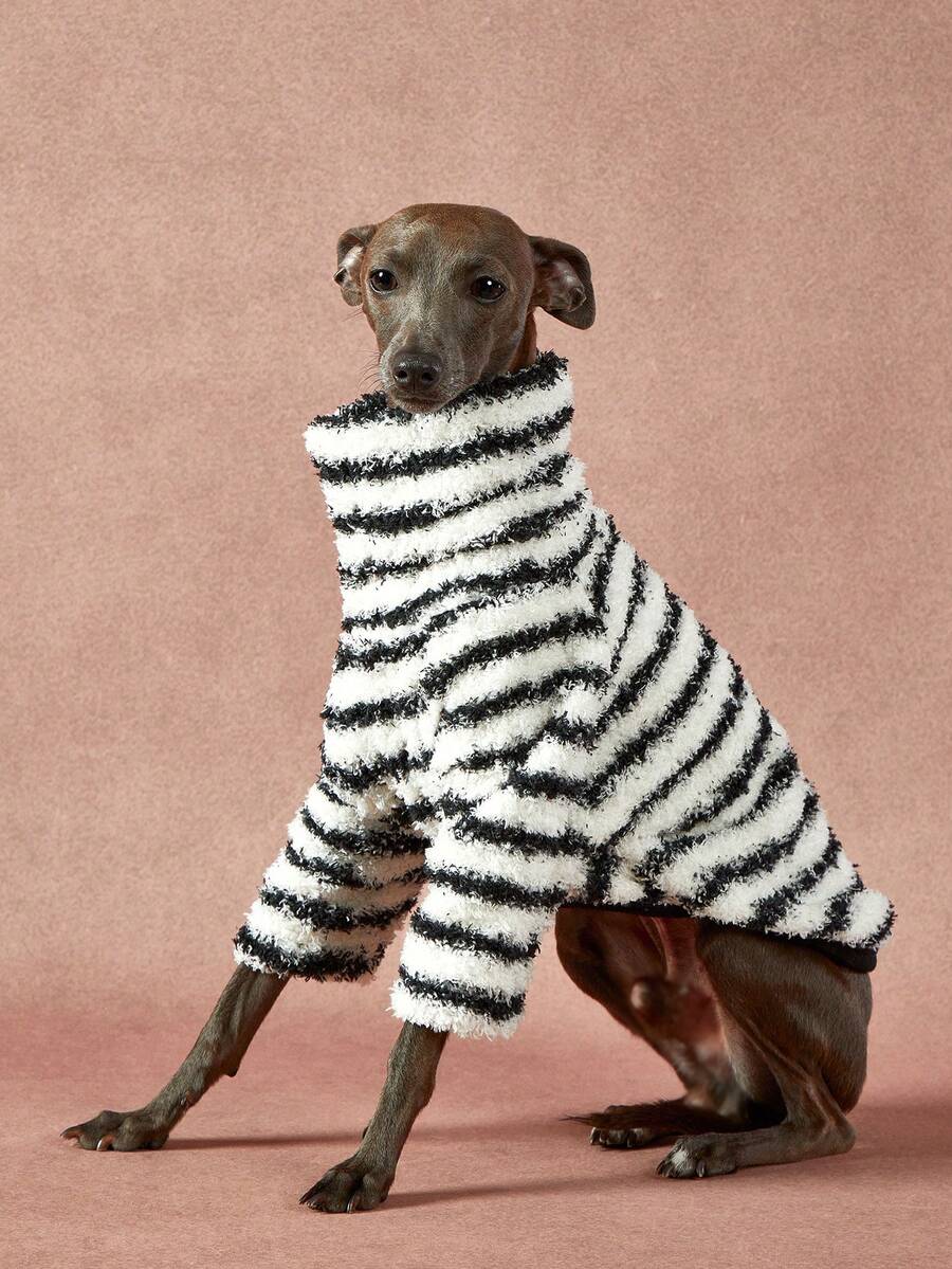 PETSIN Pawparrel 1件宠物秋冬双面毛绒弹力舒适保暖面料高领时尚复古黑白条纹狗狗卫衣 - 彩色 - 查看 1