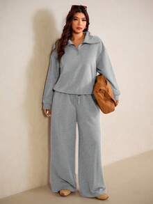 Elaquor Plus Size Solid Color Minimalist Long Sleeve Top And Pants 2 Pieces Set - Grey - View 6