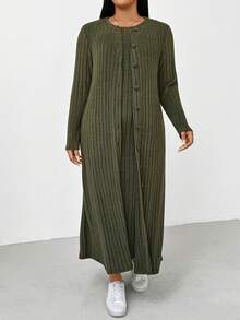 Shapeblank Plus-Size Women's Autumn/Winter Fashionable Casual Loose Comfortable Everyday Brushed Ribbed Warm Long Cardigan Coat And Vest Long Dress Green Two Pieces Set,Fall Outfits,Curve Pants,Simple Style - Green - View 6