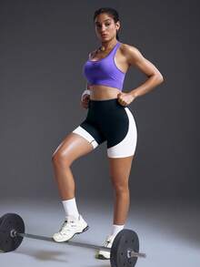 Powerista Reggiseno sportivo aderente e alla moda con scollo a barca e schiena scoperta, di colore unito - Viola - Visualizzare 6