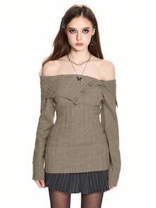 ROMWE Y2K风格露肩罗纹针织毛衣，腰部收紧 - 咖啡棕 - 查看 8