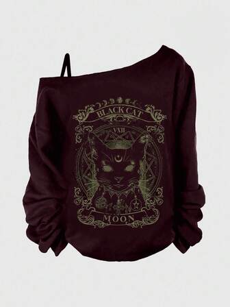 Goth Sudadera holgada de hombro oblicuo misterioso de gato negro oscuro talla grande, morado oscuro