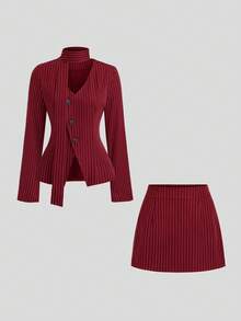 Sweetra 初秋新款韩版套装，棕色条纹设计，V领，收腰，修身时尚女装套装 - 酒紅色 - 查看 1