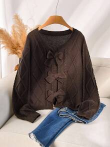 CosyJoli 大码女式棕色蝴蝶结领开衫针织毛衣，休闲通勤装，舒适，秋冬棕色系带前毛衣蝴蝶结女式毛衣棕色毛衣棕色开衫蝴蝶结毛衣秋季 - 棕色 - 查看 3