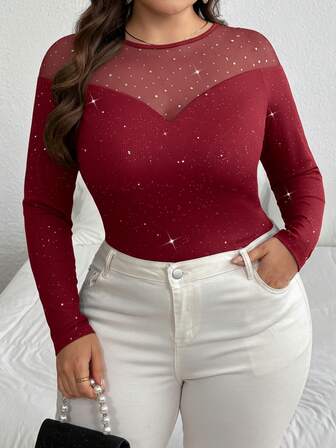 SHEIN Privé Plus Size Sequin & Mesh Patchwork Long Sleeve Sparkly Blouse, Elegant For Party, Date, Concert, Office, Holiday, New Year Red Sequin Top Long Sleeve Mesh Top Red Mesh Top Red Long Sleeve Top Rhinestone Top Red Rhinestone Top