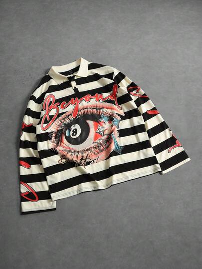 Street Life Camisa polo casual de hombre con estampado de ojo a rayas, otoño