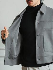 Manfinity Homme 男士灰色素色前開鈕扣口袋休閒長袖羊毛混紡大衣，厚實保暖面料，適合秋冬冬季，端莊得體，適用工作與日常通勤 - 灰色 - 查看 8