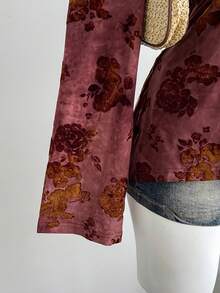 Lyxana Vintage Burgundy Flocked Twist Front A-Line Long Sleeve Party Top For Women - Burgundy - View 3