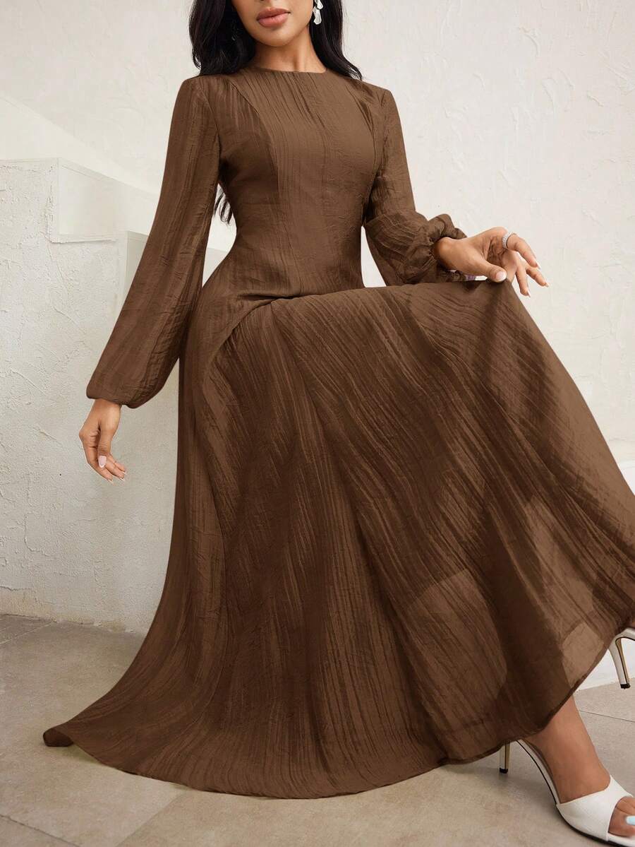 Veilorie Váy midi cổ cao thanh lịch, eo nhún, tay áo 3/4, đa năng - màu nâu - Xem 1