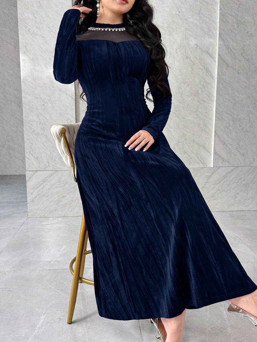 Modelyn Elegant Bara Axlar Med Strassutsmyckad Långärmad Vinröd Festklänning - Marinblå - Visa 1