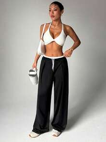 Dewbera Pantalones deportivos casuales de unicolor para mujer - Negro - Ver 1