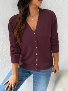 CosyJoli Cárdigan de manga larga con botones y unicolor, informal y holgado, para mujer de talla grande en otoño/invierno - Rojo violeta - Ver 7