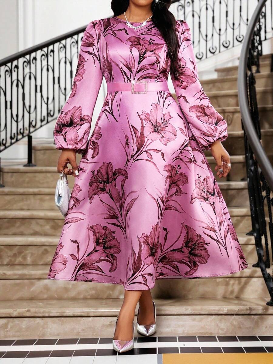 SHEIN Lady 秋季大码优雅花卉印花圆领灯笼袖连衣裙 - 彩色 - 查看 1