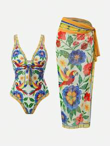 Swim Oasis 女士南法鹦鹉印花豪华度假连体泳衣配纱笼裙套装 - 彩色 - 查看 13