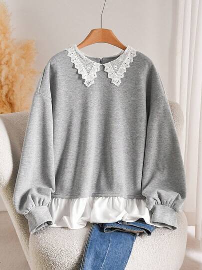 CosyJoli Plus Size Women Contrast Color Patchwork Casual Sweatshirt With Ruffle Hem, Gray